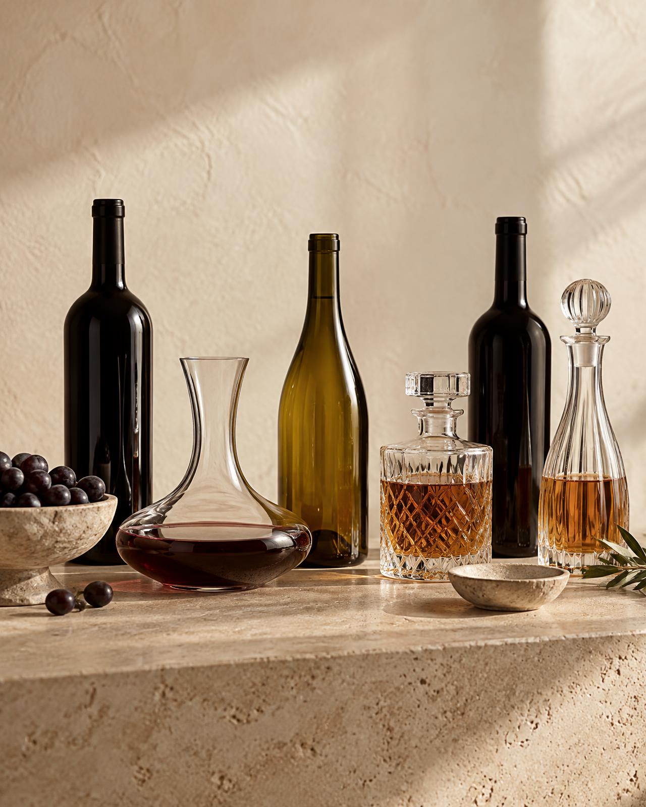 Bodegón editorial de botellas de vino y licoreras sobre piedra cálida